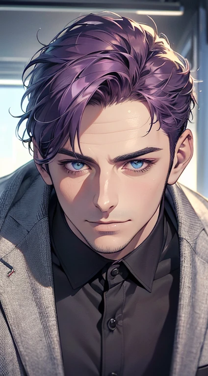 (best quality,4k,8k,highres,masterpiece:1.2),ultra-detailed,(realistic,photorealistic,photo-realistic:1.37),1 man,31 years old,mature man,very handsome,without expression,smile,short purple hair,blue eyes,penetrating gaze,perfect face without errors,imposing posture,businessman,office background,cinematic lighting,hdr image