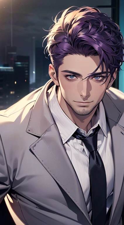 (best quality,4k,8k,highres,masterpiece:1.2),ultra-detailed,(realistic,photorealistic,photo-realistic:1.37),1 man,31 years old,mature man,very handsome,without expression,smile,short purple hair,blue eyes,penetrating gaze,perfect face without errors,imposing posture,businessman,office background,cinematic lighting,hdr image