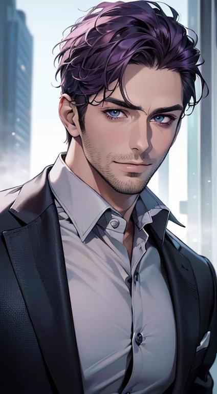 (best quality,4k,8k,highres,masterpiece:1.2),ultra-detailed,(realistic,photorealistic,photo-realistic:1.37),1 man,31 years old,mature man,very handsome,without expression,smile,short purple hair,blue eyes,penetrating gaze,perfect face without errors,imposing posture,businessman,office background,cinematic lighting,hdr image