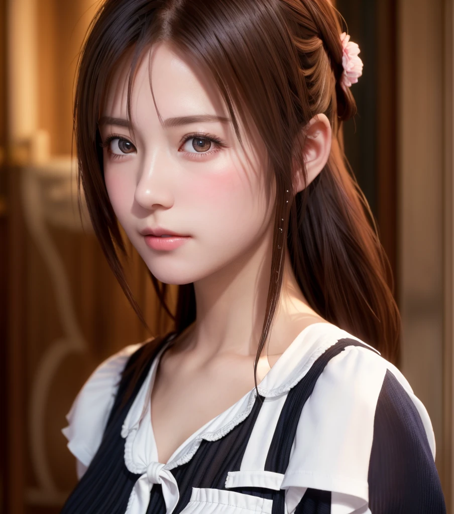 8K, of the highest quality, masutepiece:1.2), (Realistic, Photorealsitic:1.37), of the highest quality, masutepiece, Beautiful young woman, Pensive expression,、A charming、and an inviting look, Cute Maid Clothes, Hair tied back, Cinematic background, Light skin tone