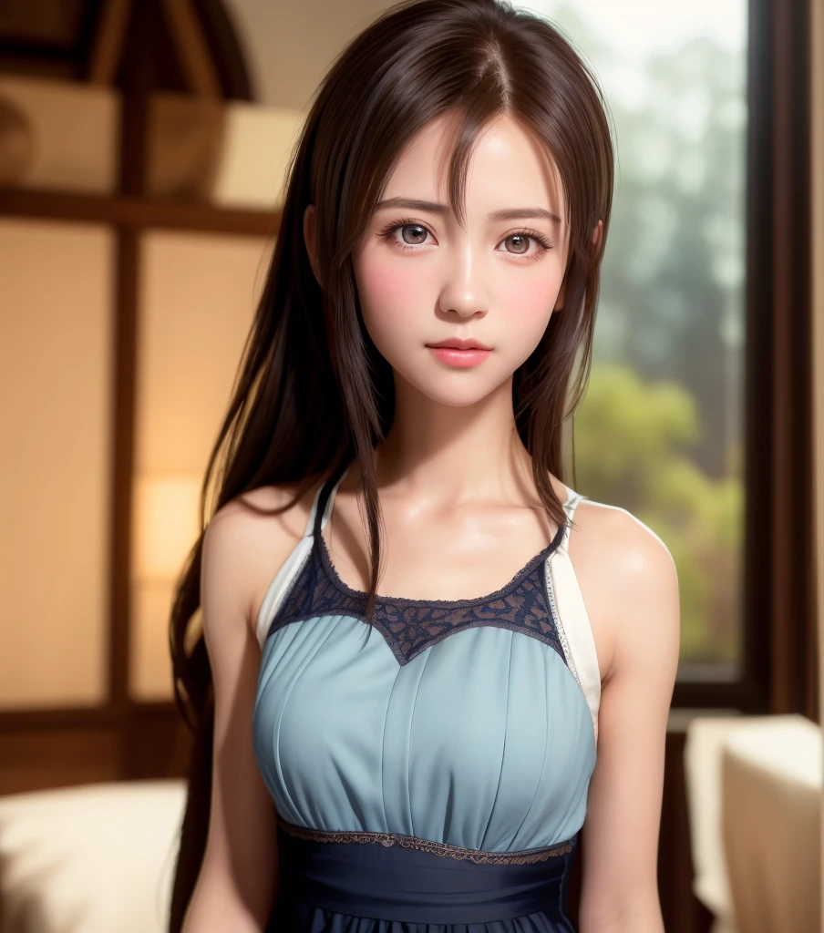 8K, of the highest quality, masutepiece:1.2), (Realistic, Photorealsitic:1.37), of the highest quality, masutepiece, Beautiful young woman, Pensive expression,、A charming、and an inviting look, Cute Maid Clothes, Hair tied back, Cinematic background, Light skin tone