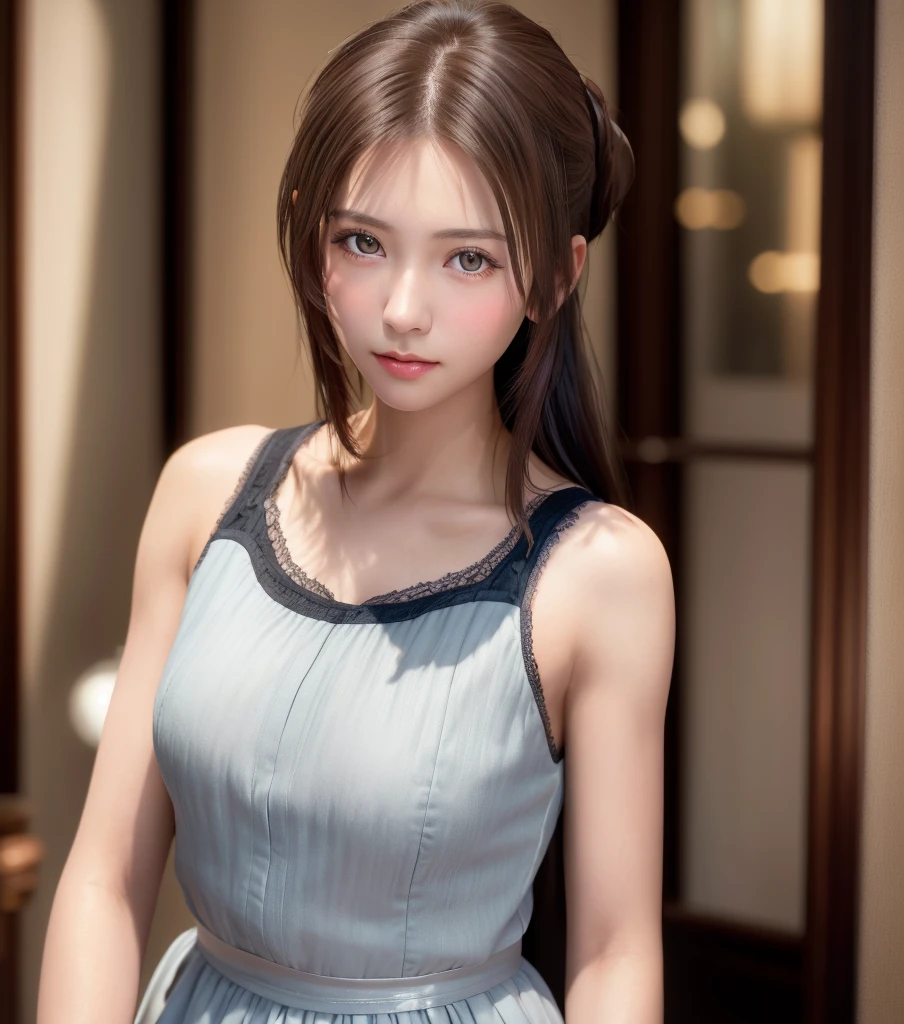 8K, of the highest quality, masutepiece:1.2), (Realistic, Photorealsitic:1.37), of the highest quality, masutepiece, Beautiful young woman, Pensive expression,、A charming、and an inviting look, Cute Maid Clothes, Hair tied back, Cinematic background, Light skin tone