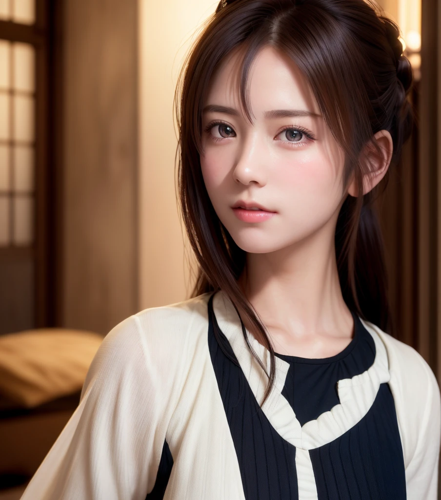 8K, of the highest quality, masutepiece:1.2), (Realistic, Photorealsitic:1.37), of the highest quality, masutepiece, Beautiful young woman, Pensive expression,、A charming、and an inviting look, Cute Maid Clothes, Hair tied back, Cinematic background, Light skin tone