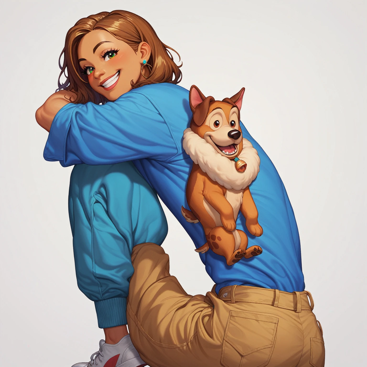 caramel dog alone, standing in a blue shirt, olhos amendoados, smiling, White background, Disney pixel style, high qualiy