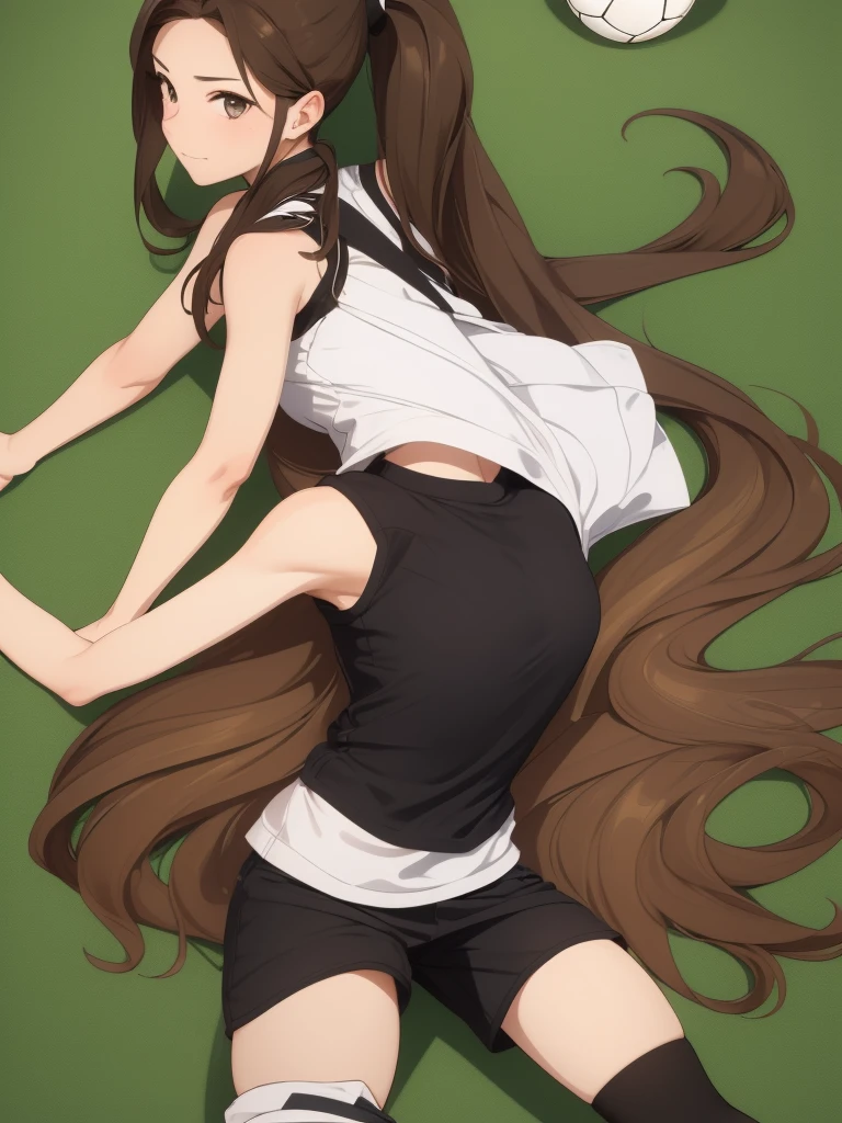 cute, sexy, girl, brown hair, long hair, ponytail, soccer, soccer field, summer, hot, sweating, tired, soccer ball, white crop top, black soccer shorts, hot, whore,