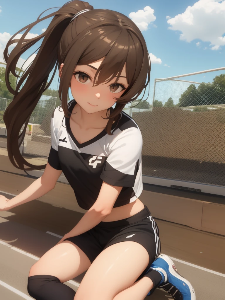 cute, sexy, girl, brown hair, long hair, ponytail, soccer, soccer field, summer, hot, sweating, tired, soccer ball, white crop top, black soccer shorts, hot, whore,