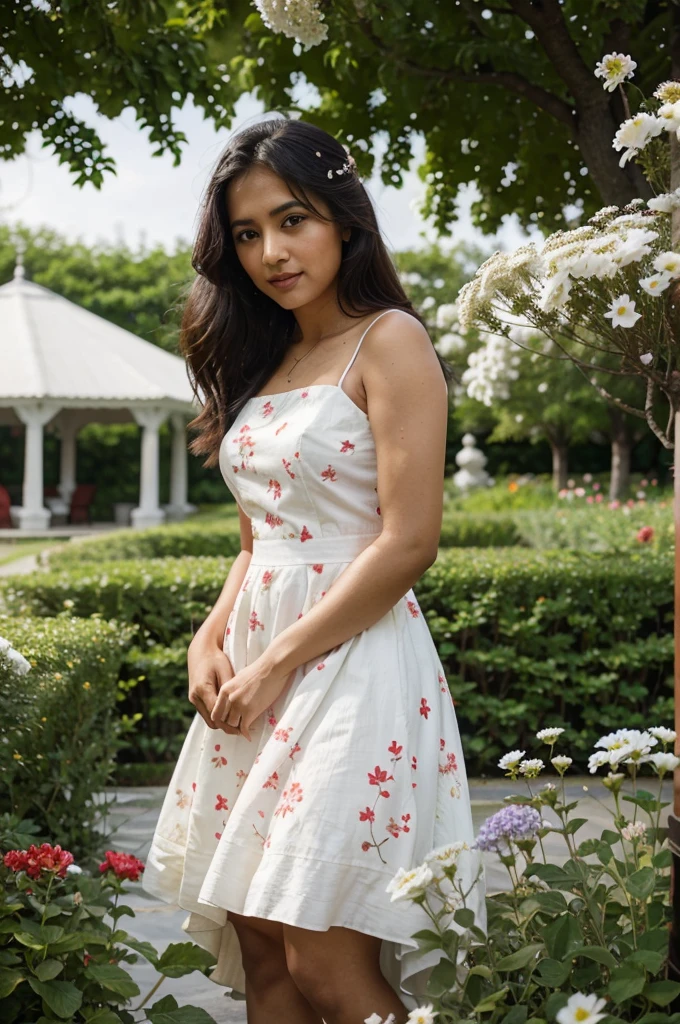 South Asian girl celebrating Canada Day in a heavenly floral garden. She is wearing a beautiful long white dress. There are red and white flowers all around her