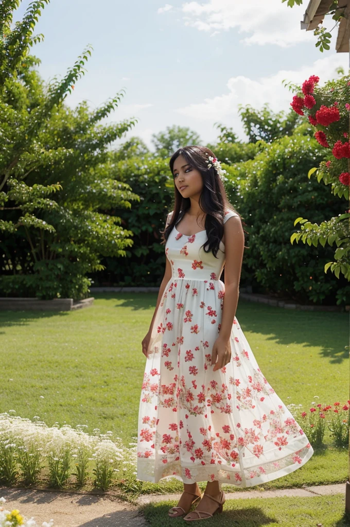 South Asian girl celebrating Canada Day in a heavenly floral garden. She is wearing a beautiful long white dress. There are red and white flowers all around her