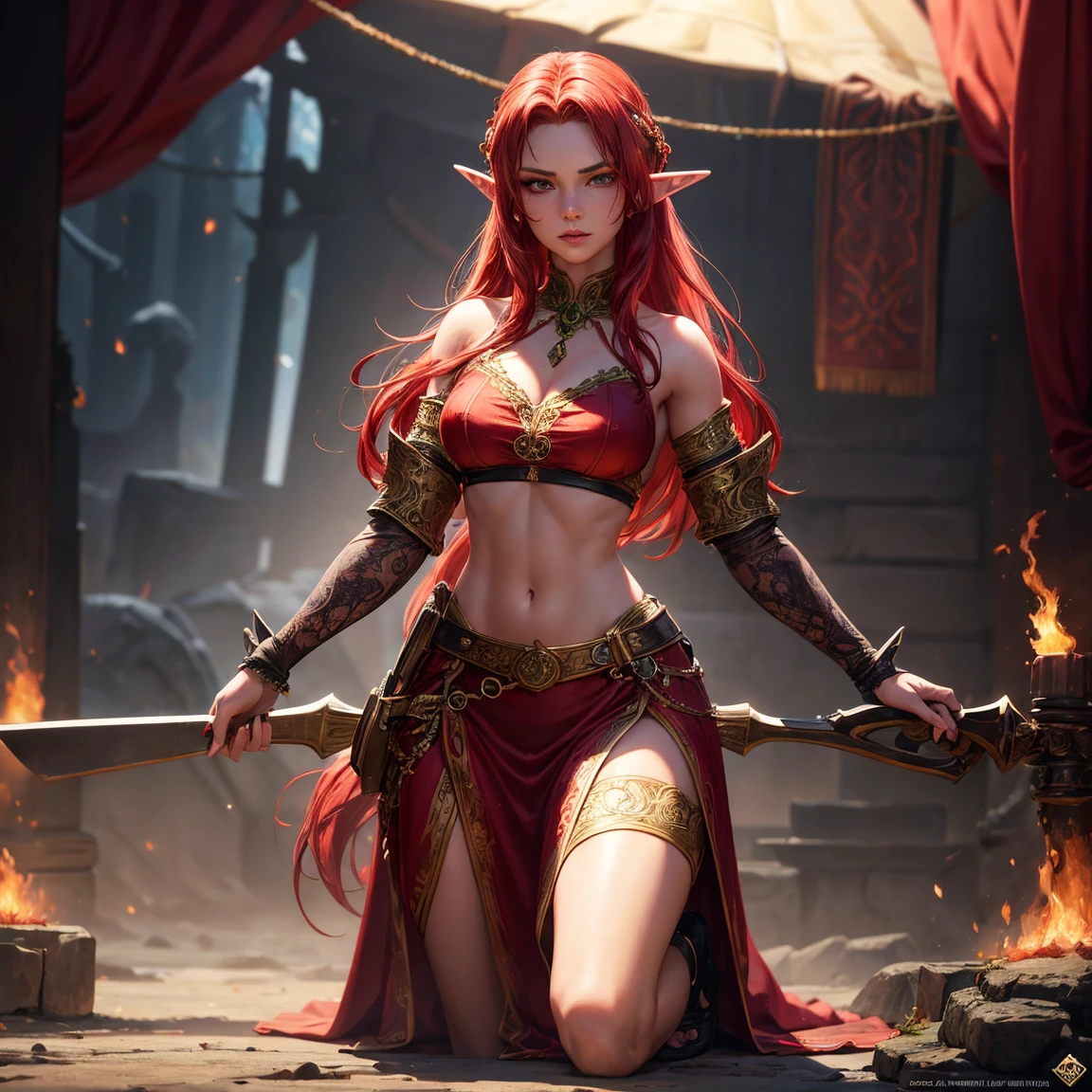 a woman, 1girl, elf, redhead long hair, breasts, long pointed ears, bright green eyes!!!, serious face, sexy red crop top, deep neckline, sexy red skirt, fire magic on hand, full body, full body, tent, very sexy body, detailed face, beautiful detailed eyes, beautiful detailed lips, extremely detailed eyes and face, long eyelashes, detailed clothing, intricate details, highly detailed, photo realistic, 8k, best quality, masterpiece, cinematic lighting, dramatic lighting, vibrant colors, fantasy, digital art, concept art