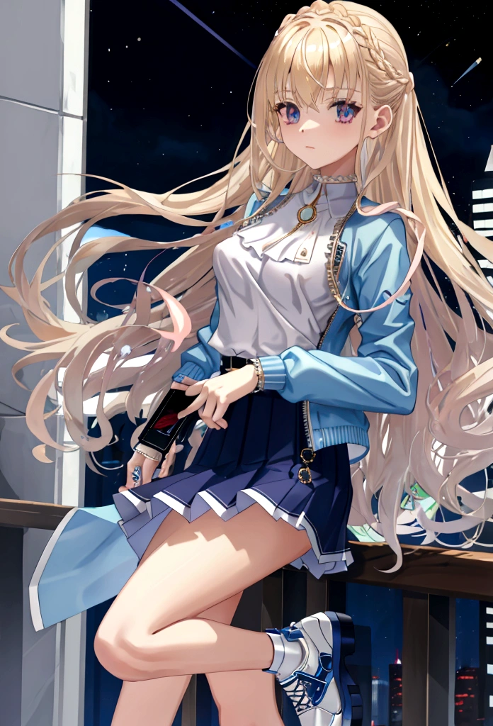 Eyecolor: Blue, Haircolor: Blond, Age: 15, Height: 165 cm, Weight: 59 kg, Skirt: blue pleated left-open-sidemini-skirt, Top: Light pink Sleeveless shirt, Jacket: Denim Jacket, Shoe's: White sneakers with pink accents, Watch: Apple Watch Ultra 2 (Wearing on Left Arm), clothes are all Designer clothes.