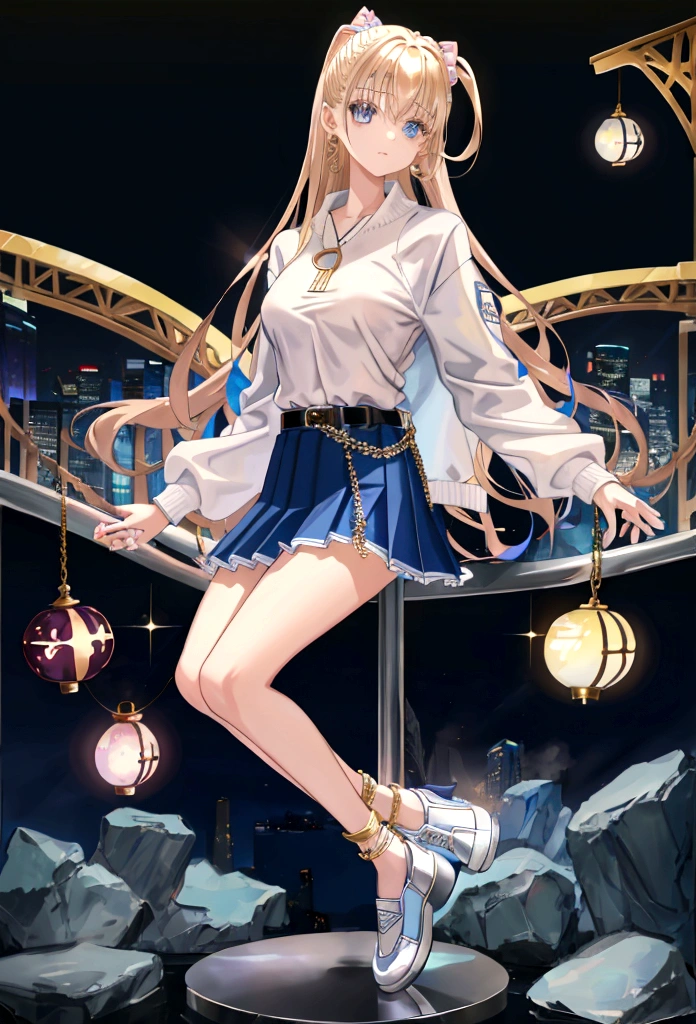 Eyecolor: Blue, Haircolor: Blond, : 15,eight: 165 cm, Weight: 59 kg, Skirt: blue pleated left-open-sidemini-skirt, Top: Light pink Sleeveless shirt, Jacket: Denim Jacket, Shoe's: White sneakers with pink accents, Watch: Apple Watch Ultra 2 (Wearing on Left Arm), clothes are all Designer clothes.