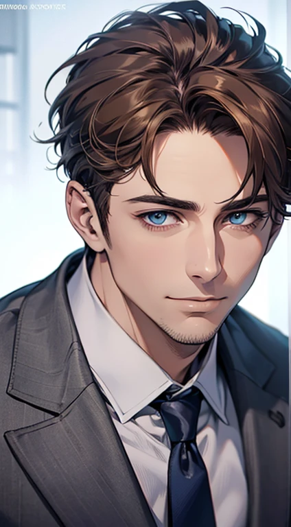 (best quality,4k,8k,highres,masterpiece:1.2),ultra-detailed,(realistic,photorealistic,photo-realistic:1.37),1 man,31 years old,mature man,very handsome,without expression,smile,short grey brown hair,blue eyes,penetrating gaze,perfect face without errors,imposing posture,businessman,office background,cinematic lighting,hdr image