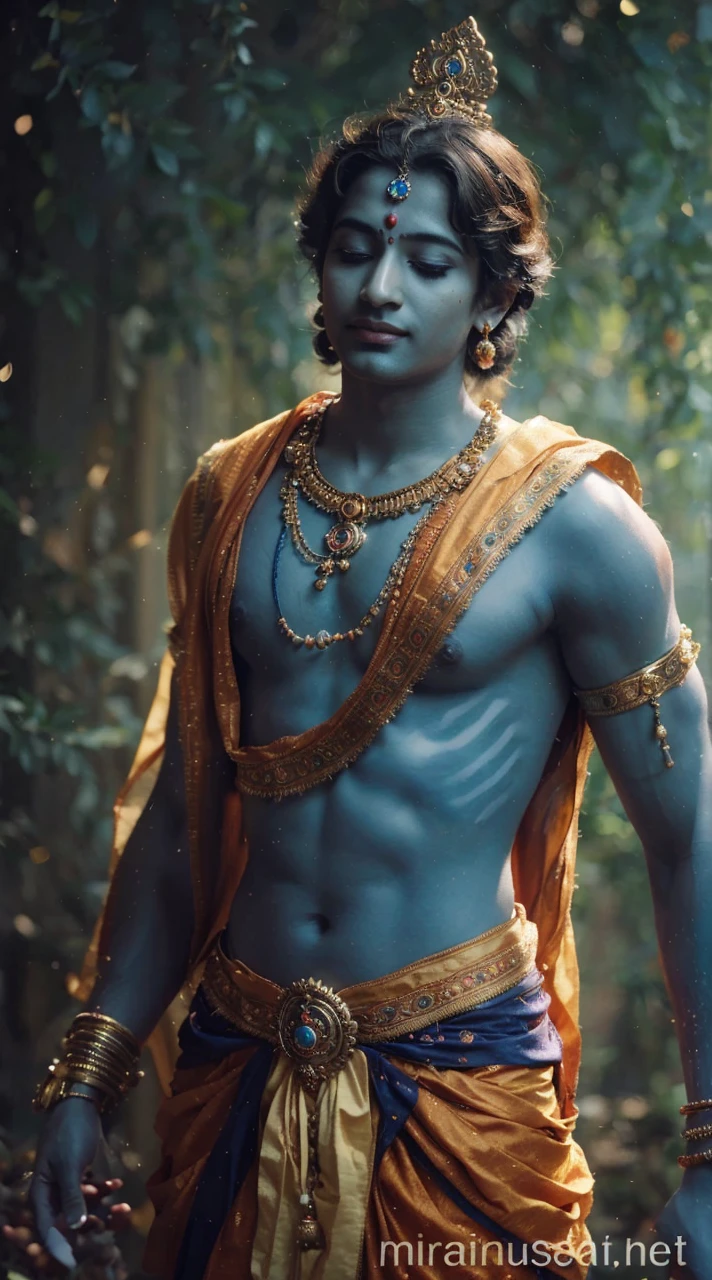 "Shree Krishna, divine aura, serene expression, vibrant colors, intricate details, ethereal background, sacred symbol, majestic posture, divine light, celestial beauty, divine grace, divine love."