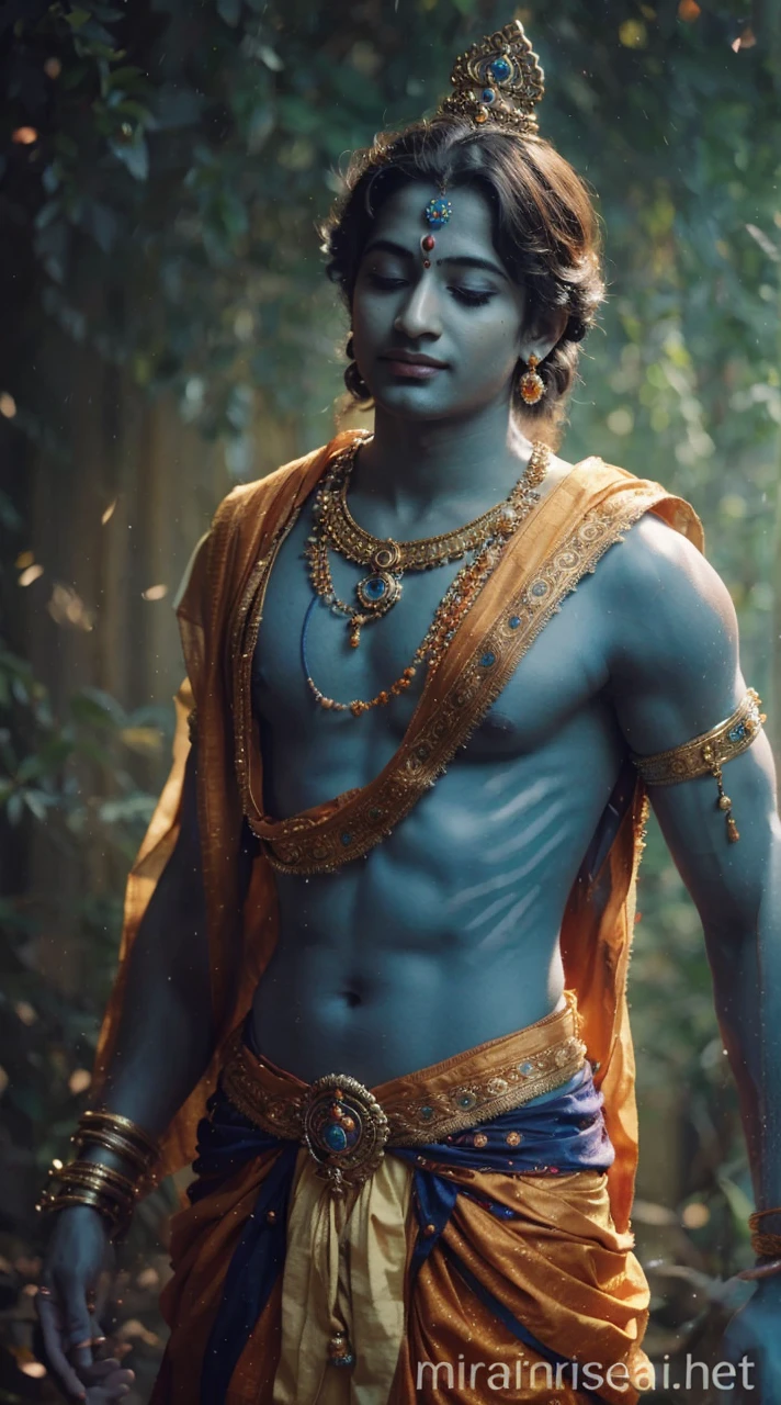 "Shree Krishna, divine aura, serene expression, vibrant colors, intricate details, ethereal background, sacred symbol, majestic posture, divine light, celestial beauty, divine grace, divine love."