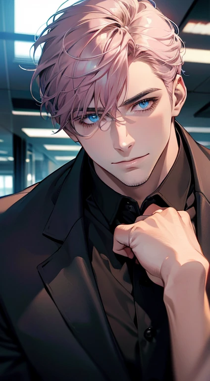 (best quality,4k,8k,highres,masterpiece:1.2),ultra-detailed,(realistic,photorealistic,photo-realistic:1.37),1 man,31 years old,mature man,very handsome,without expression,smile,short grey pink hair,blue eyes,penetrating gaze,perfect face without errors,imposing posture,businessman,office background,cinematic lighting,hdr image