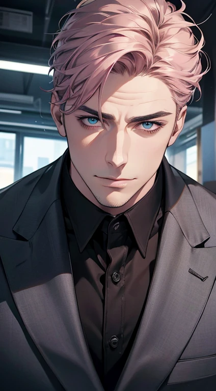 (best quality,4k,8k,highres,masterpiece:1.2),ultra-detailed,(realistic,photorealistic,photo-realistic:1.37),1 man,31 years old,mature man,very handsome,without expression,smile,short grey pink hair,blue eyes,penetrating gaze,perfect face without errors,imposing posture,businessman,office background,cinematic lighting,hdr image