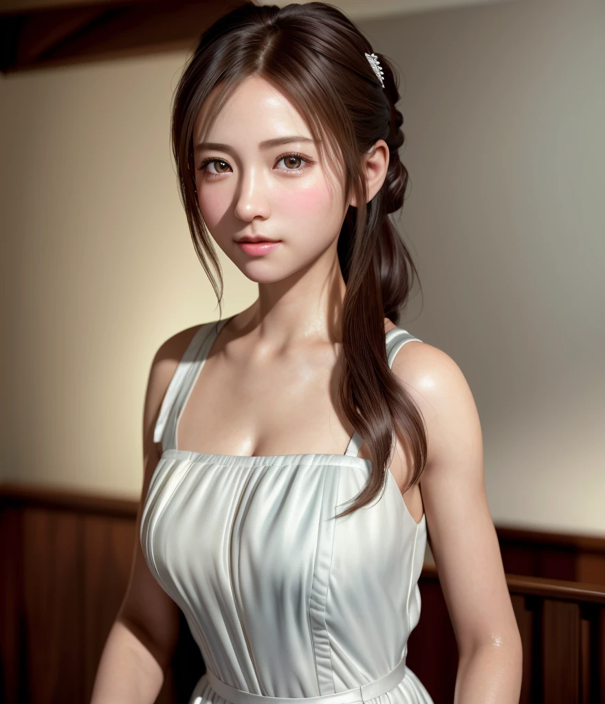 8K, of the highest quality, masutepiece:1.2), (Realistic, Photorealsitic:1.37), of the highest quality, masutepiece, Beautiful young woman, Pensive expression, Gentle eyes, Cute Maid Clothes, Hair tied back, feeling radiant, Cinematic background,, Light skin tone