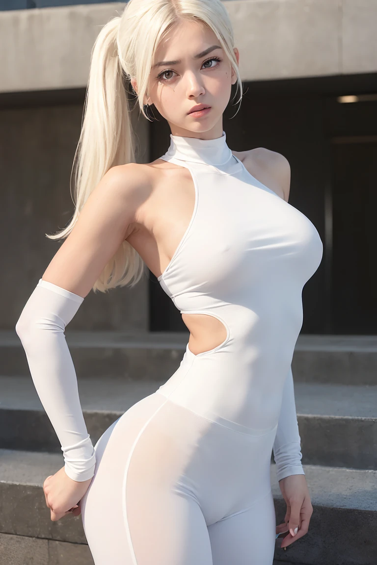 Masterpiece realistic, full body view from behind,((extremely beautiful very young white girl going up the escalator turning around looking at viewer with strong rejection), (((she has the most sensual thickest thighs wearing tiny white halterneck top))), ((wearing very detailed stretchy white gym leggins extremely detailed see-through fabric)), (she is , with very wide hips, white Balenciaga sneakers), ((looking at viewer extremely annoyed)), ((showing rejection to viewer)), very expressive eyes, (frown),