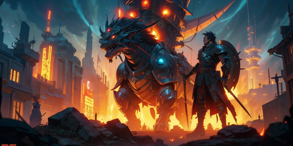 Ancient anime style, artbook, comicbook, RPG, futuristic medieval. Warrior in dragon rat armor, with human face with glowing magic tattoos, red neon details, with technological medieval armor with glowing magic marks, full body, sword with long handle with glowing magic marks. Epic scene, wide and deep scenery, with several depth planes, stylish and dynamic pose. In the middle of a retro atompunk magical metropolis, mixing technology and vegetation, buildings with neon details and glowing magical vegetation, technological magical airships with glowing details in the sky.