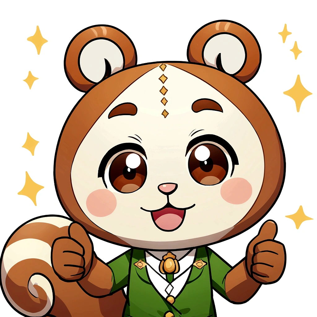Cartoon squirrel holding plate gives thumbs up, 1024x1024, mascot, ilustrações de mascot, cute cartoon character, mascot do ensino médio,Wear clothes,White background