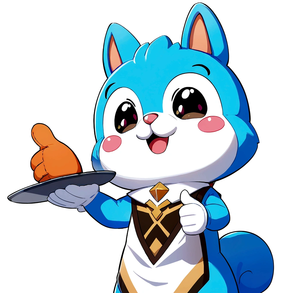 Cartoon squirrel holding plate gives thumbs up, 1024x1024, mascot, ilustrações de mascot, cute cartoon character, mascot do ensino médio,Wear clothes,White background