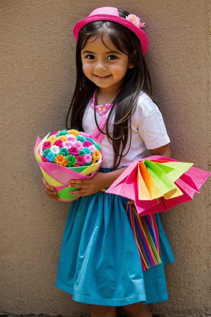 Girl with piñata and flowers 