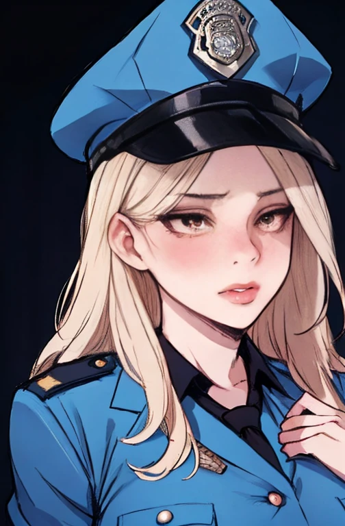 a beautiful girl with long blonde hair in a police officer costume, extremely detailed face and eyes, detailed facial features, detailed skin, flawless skin, beautiful lips, solo portrait, high quality, 8K, ultra-detailed, realistic, photorealistic, photo-realistic, physically-based rendering, sharp focus, vivid colors, intricate details, cinematic lighting, dramatic lighting, dramatic pose, police uniform, hat, badge, dramatic atmosphere, realistic textures, sexy Perfect sensual body large breast and huge thighs, firness body