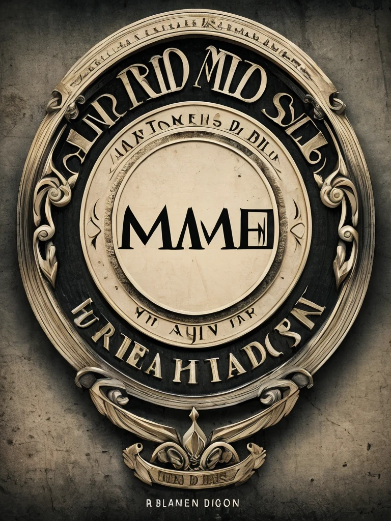 A captivating 3D conceptual rendition of the "Madre" brand logo. Set against a vintage cinema clapboard backdrop, the circular design features the brand name "Madre" in bold, cursive script, with letters in striking white and gray. Beneath the name, the slogan "Los hijos del dolor" is inscribed in a smaller, gray font. The overall design exudes a vintage elegance, with the black and white color scheme reminiscent of classic films. The 3D rendering adds depth and dimension, drawing the viewer into the world of the "Madre" brand., dark fantasy
