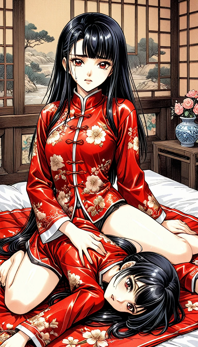 A tragic historical drama in 8k live-action style: Beautiful palace secrets Beautiful 10 year old Chinese Kung Fu girl with long black hair has very rough unwanted ??? with old man emperor Gorgeous embroidery, Ultra glossy, She is wearing a shiny red top and bottom long sleeve floral pajama kung fu suit.... She was laid down on a floral futon、When the penis is inserted, she cries and resists.。. She spreads her legs wide and poops from her anus、Filth、A large amount of poop drips out