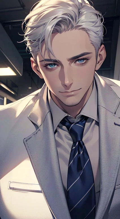 (best quality,4k,8k,highres,masterpiece:1.2),ultra-detailed,(realistic,photorealistic,photo-realistic:1.37),1 man,31 years old,mature man,very handsome,without expression,smile,short white hair,blue eyes,penetrating gaze,perfect face without errors,imposing posture,businessman,office background,cinematic lighting,hdr image