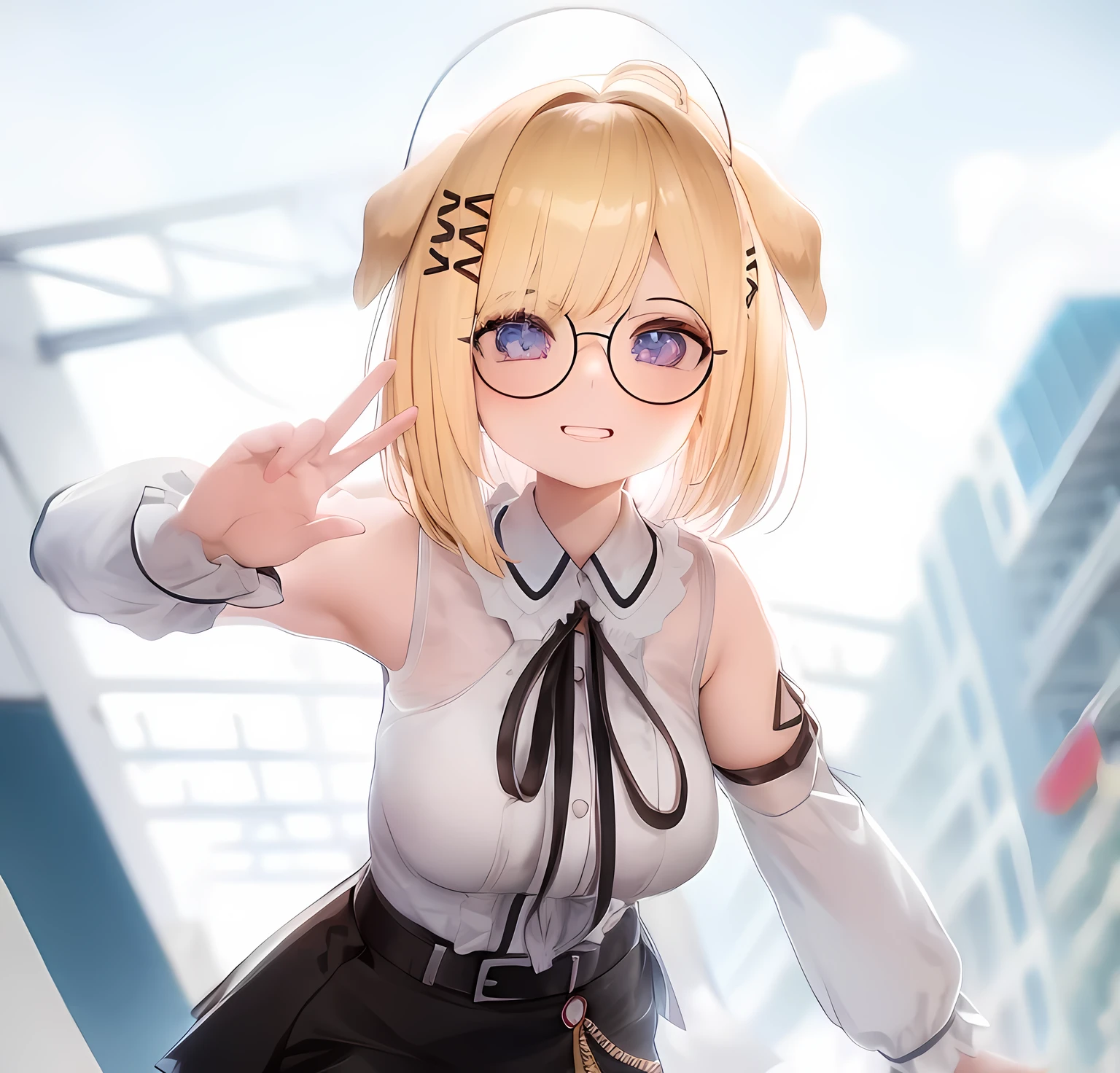 blonde anime girl in a short black skirt and white shirt with blue eyes, wearing round glasses, have a cute brown dog ears, cute smile, look at camera, render of a cute 3d anime girl, anime styled 3d, hanayamata, small curvy , realistic anime 3 d style, 3d anime girl, anime moe artstyle, vrchat, , anime style. 8k, stylized anime, render of april, shikamimi, at a park