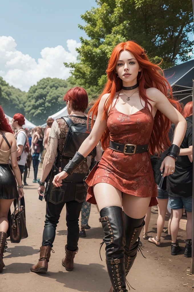 Create a 2D illustration of a woman, with red hair, wearing a hippie dress and leather boots, at a festival.