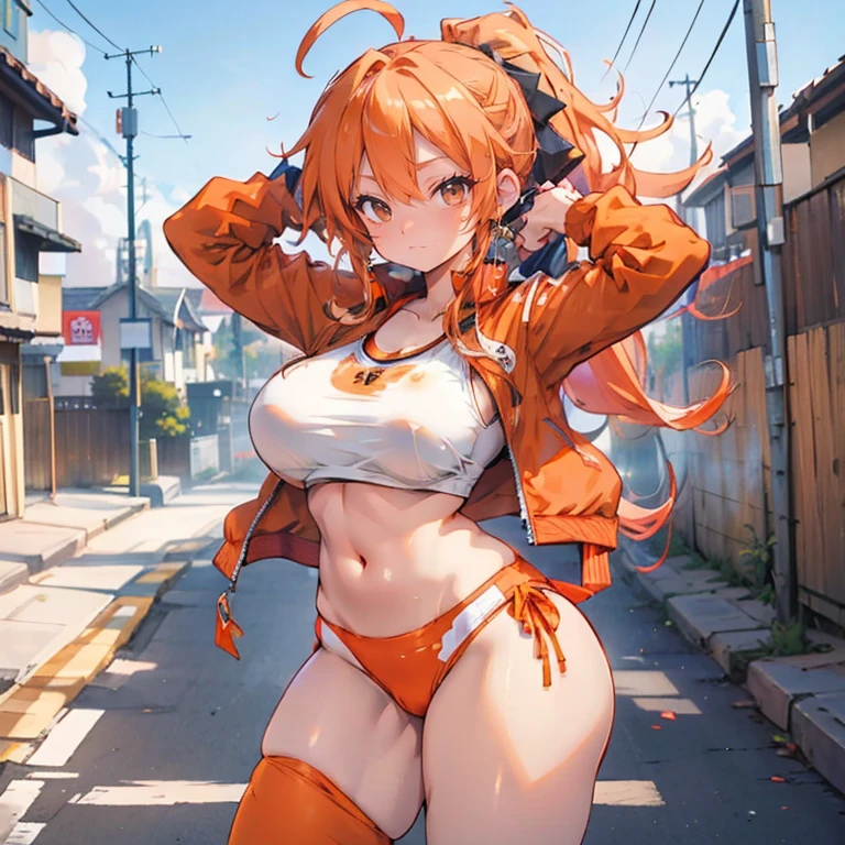 anime, 1 girl, alone, long orange hair, messy hair, split ponytail, hair over eyes, ahoge, brown eyes, smiling, outdoor, tracksuit jacket, yoga, big chest and huge thighs slim belly, Perfect sensual body 