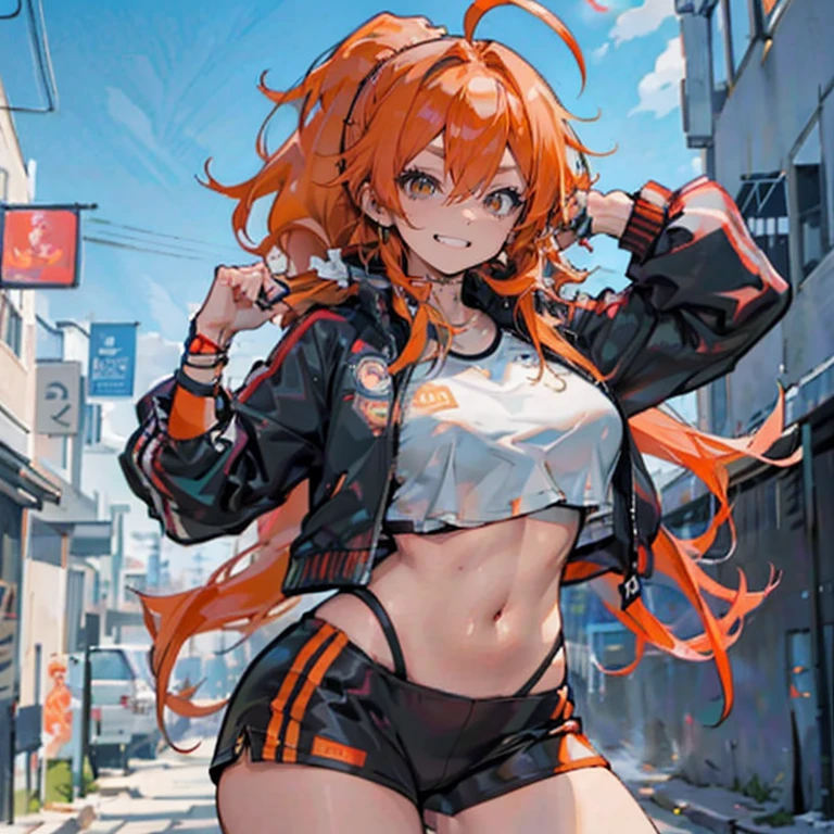 anime, 1 girl, alone, long orange hair, messy hair, split ponytail, hair over eyes, ahoge, brown eyes, smiling, outdoor, tracksuit jacket, yoga, big chest and huge thighs slim belly, Perfect sensual body
