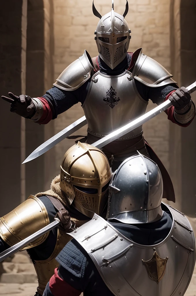 Create an image of two medieval knights fighting each other with swords and shields 