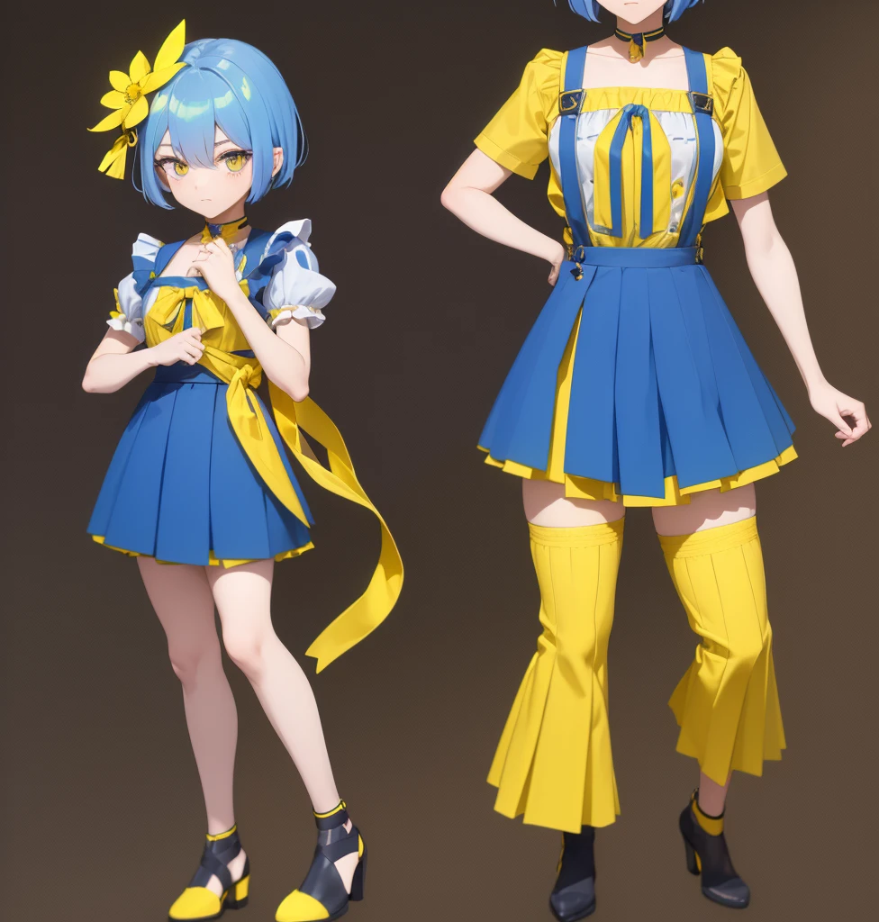 A CUTE GIRL, It is 7 heads tall, short blue hair, yellow eyes that stand out and shine, she is wearing a very small blue skirt with yellow horizontal pattern, Under the skirt she has very tight and shiny shorts, they are also very dark blue., She is wearing a blouse that highlights her exuberant breasts., The blouse also has a yellow and blue pattern, He has a yellow ribbon on his head, the girl is thin, In his right hand he carries a yellow flower and in his left hand he carries nothing., She is standing doing an effeminate pose where her hips stand out, the background is empty, it's blue, sun a solid color blue and yellow, there is only one girl