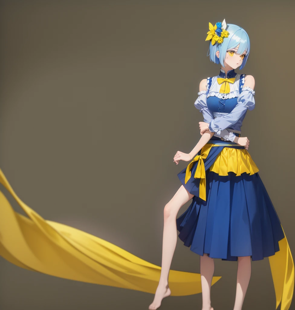 A CUTE GIRL, It is 7 heads tall, short blue hair, yellow eyes that stand out and shine, she is wearing a very small blue skirt with yellow horizontal pattern, Under the skirt she has very tight and shiny shorts, they are also very dark blue., She is wearing a blouse that highlights her exuberant breasts., The blouse also has a yellow and blue pattern, He has a yellow ribbon on his head, the girl is thin, In his right hand he carries a yellow flower and in his left hand he carries nothing., She is standing doing an effeminate pose where her hips stand out, the background is empty, it's blue, sun a solid color blue and yellow, there is only one girl