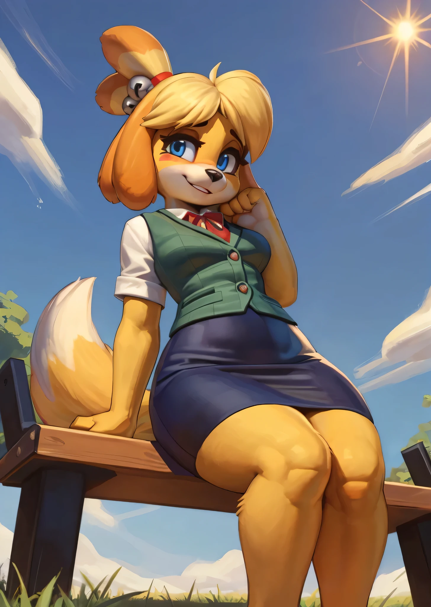 [isaCrossing], [Isabelle], [Animal Crossing], [Uploaded to e621.net; (Pixelsketcher), (wamudraws)], ((masterpiece)), ((HD)), ((high res)), ((solo portrait)), ((full body)), ((feet visible)), ((low angle view)), ((furry; anthro)), ((detailed fur)), ((detailed shading)), ((beautiful render art)), {anthro; (slim figure), yellow fur, black nose, (cute blue eyes), (blonde hair), (bells in hair), topknot, fluffy tail, (curvy hips), (beautiful legs), (blushing), (cute smile)}, {(red ribbon in hair), (short green vest), (navy blue pencil skirt)}, {(sitting on bench), (hands in lap), (nervous demeanor), (looking at viewer)}, [background; (park), (grass plains), (beaten path), (blue sky), (sun rays), (ambient lighting)]