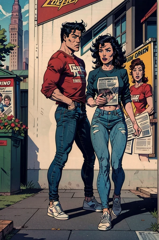a boy, black hair, red sweatshirt, jeans, sneakers, walking, through the streets of New York, garbage cans, buildings, newspaper sheets on the floor, advertising posters, profile view, side view, wide shot, 16k, 8k, 1080P, HD, 4K, highres, best quality, anatomically correct, masterpiece, accurate