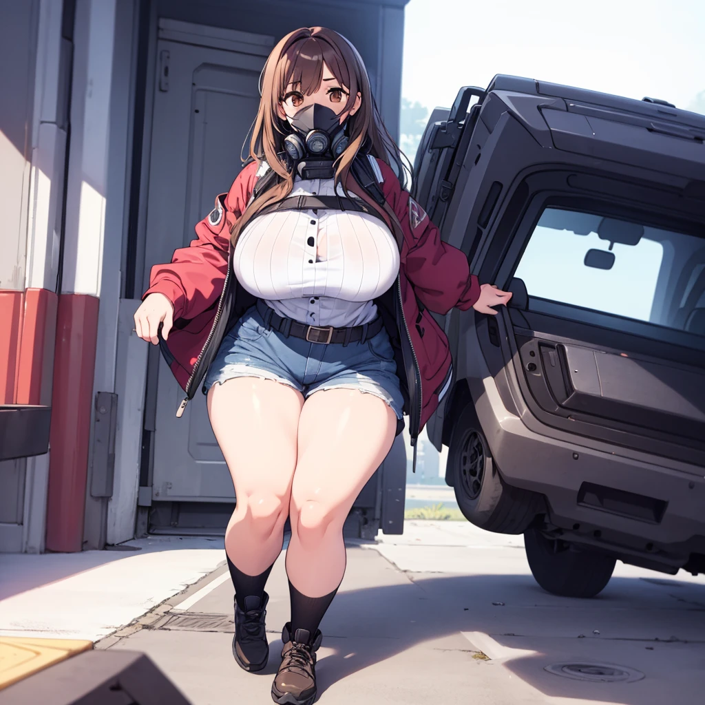 Highest quality, 1girl, solo, brown hair, long hair, brown eyes, gigantic breasts, thick thighs, black techwear, standing, respirators, shorts