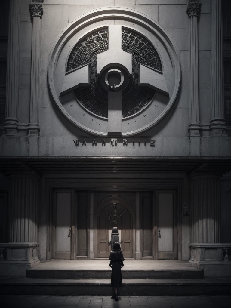 A captivating 3D conceptual rendition of the "Madre" brand logo. Set against a vintage cinema clapboard backdrop, the circular design features the brand name "Madre" in bold, cursive script, with letters in striking white and gray. Beneath the name, the slogan "Los hijos del dolor" is inscribed in a smaller, gray font. The overall design exudes a vintage elegance, with the black and white color scheme reminiscent of classic films. The 3D rendering adds depth and dimension, drawing the viewer into the world of the "Madre" brand., dark fantasy