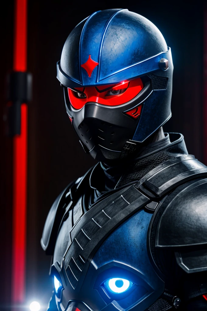 A ninja with black armor, the eyes of the armor helmet, one red eye and one blue eye, is in a part of China full of red and blue lights.