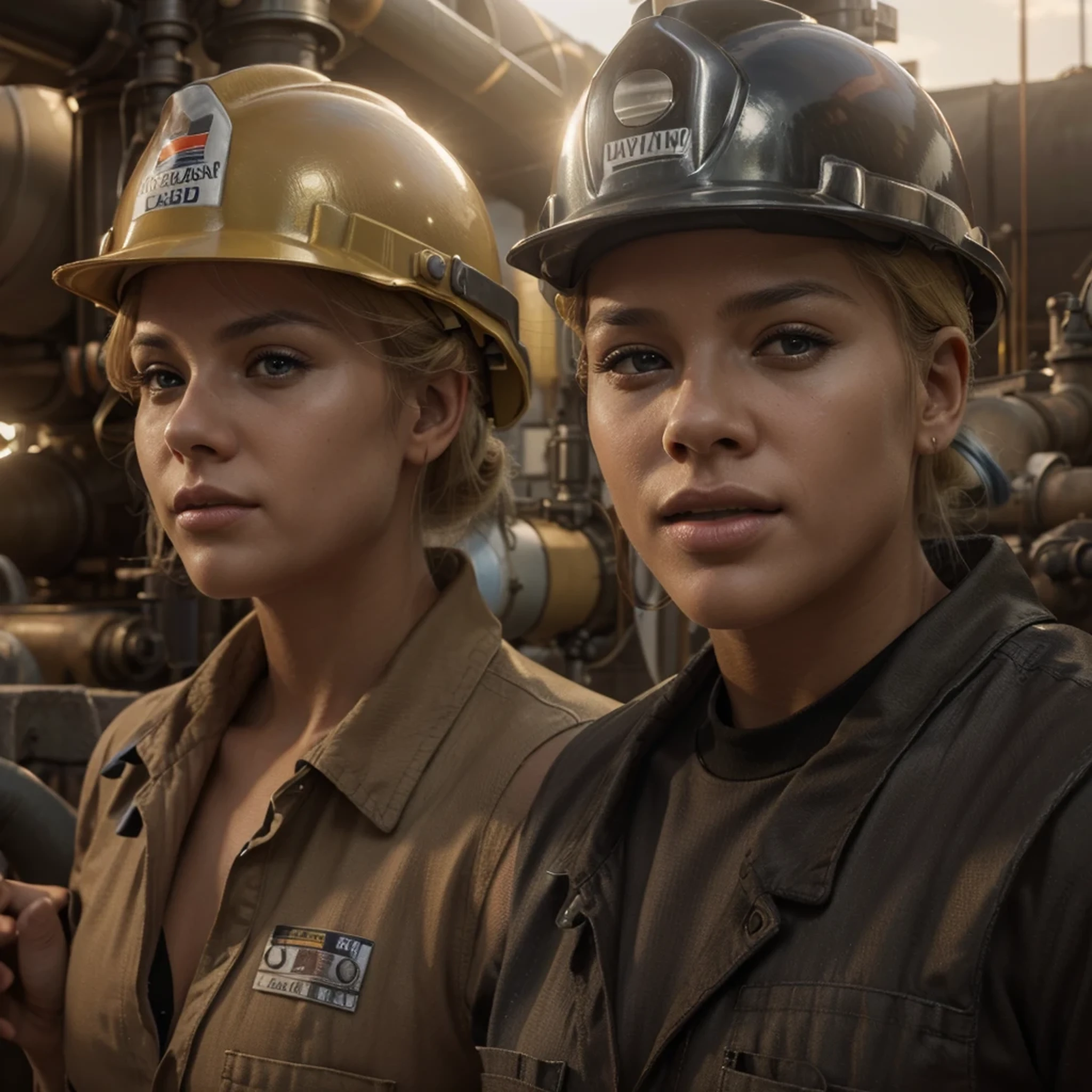 Two workers inside an oil industry, a European female worker with blonde hair wears worker clothing and construction helmets, an African American male worker with black hair wears industrial worker clothing and construction helmet, many pipelines, 4k, Ultra detailed image, realistic, Highly detailed, perfect composition, gorgeous, Intricately detailed, incredibly detailed, Art photography 8K, hyper detailed, Masterpiece, Ultra detailed, hyper realistic, 4k, Ultra detailed image, realistic, Highly detailed, perfect composition, beautiful, intricately detailed, incredibly detailed, art photography 8k, hyper detailed, masterpiece