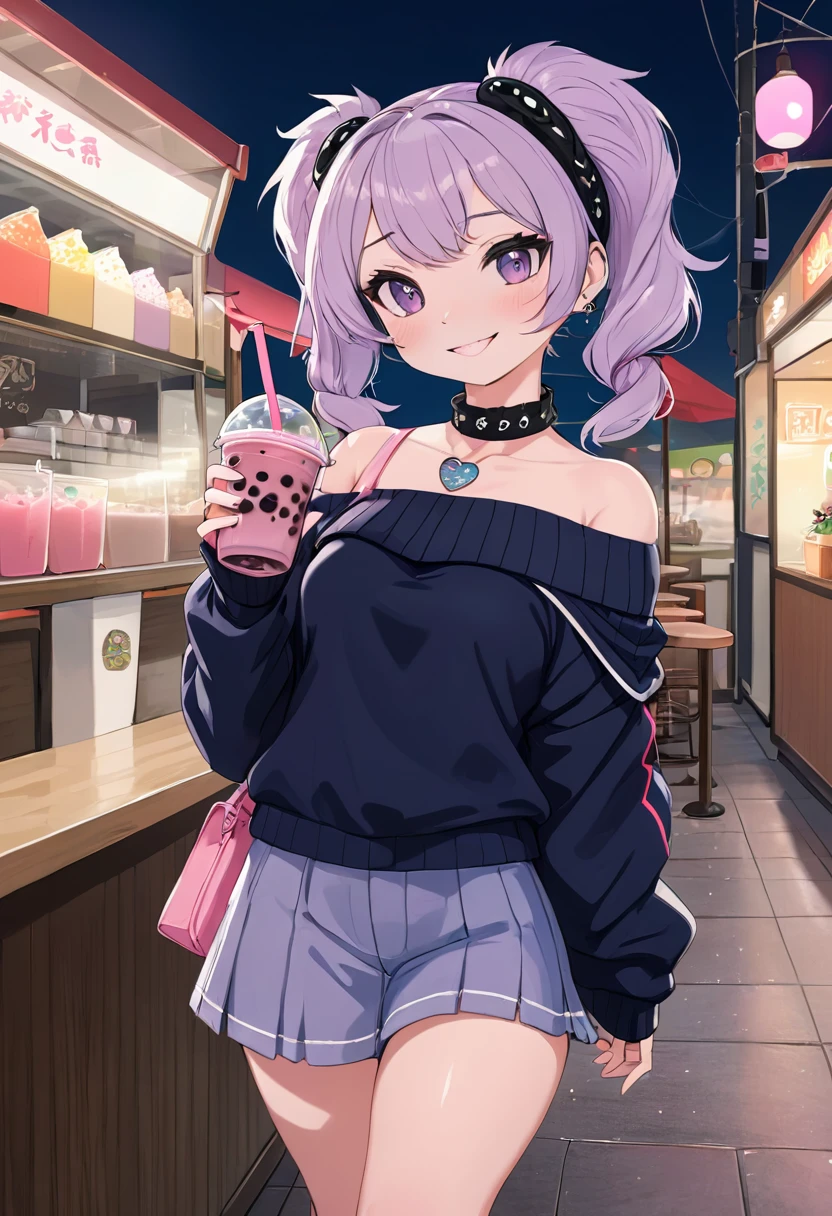 masterpiece, best quality, highly detailed, 1girl, solo, bremerton \(day-off date\), twintails, off-shoulder sweater, choker, jacket, hairband, holding cup, bubble tea, looking at viewer, smile, blush, 