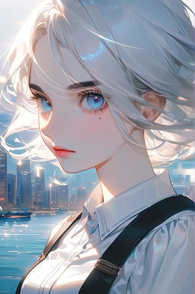 ((Лучшее качество)), ((шедевр)), (подробный), girl, short white hair, bright crystal blue eyes, (bright crystal blue eyes:1,9), thin black eyebrows, voluminous black eyelashes, thin black eyeliner, thin neck, mole under the eye, pink lips, white shirt, suspenders, city background on the ocean background, (portrait:1,9)