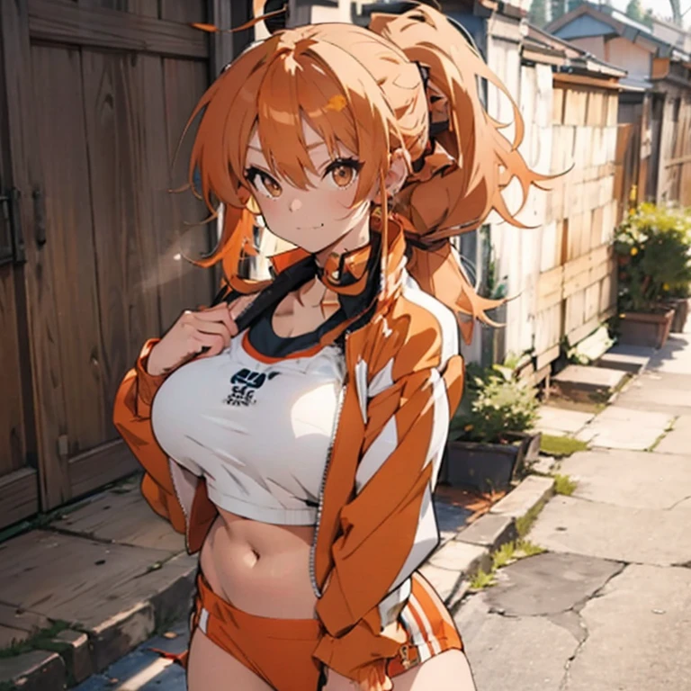 anime, 1 girl, alone, long orange hair, messy hair, split ponytail, hair over eyes, ahoge, brown eyes, smiling, outdoor, tracksuit jacket, yoga, big chest and huge thighs slim belly, Perfect sensual body