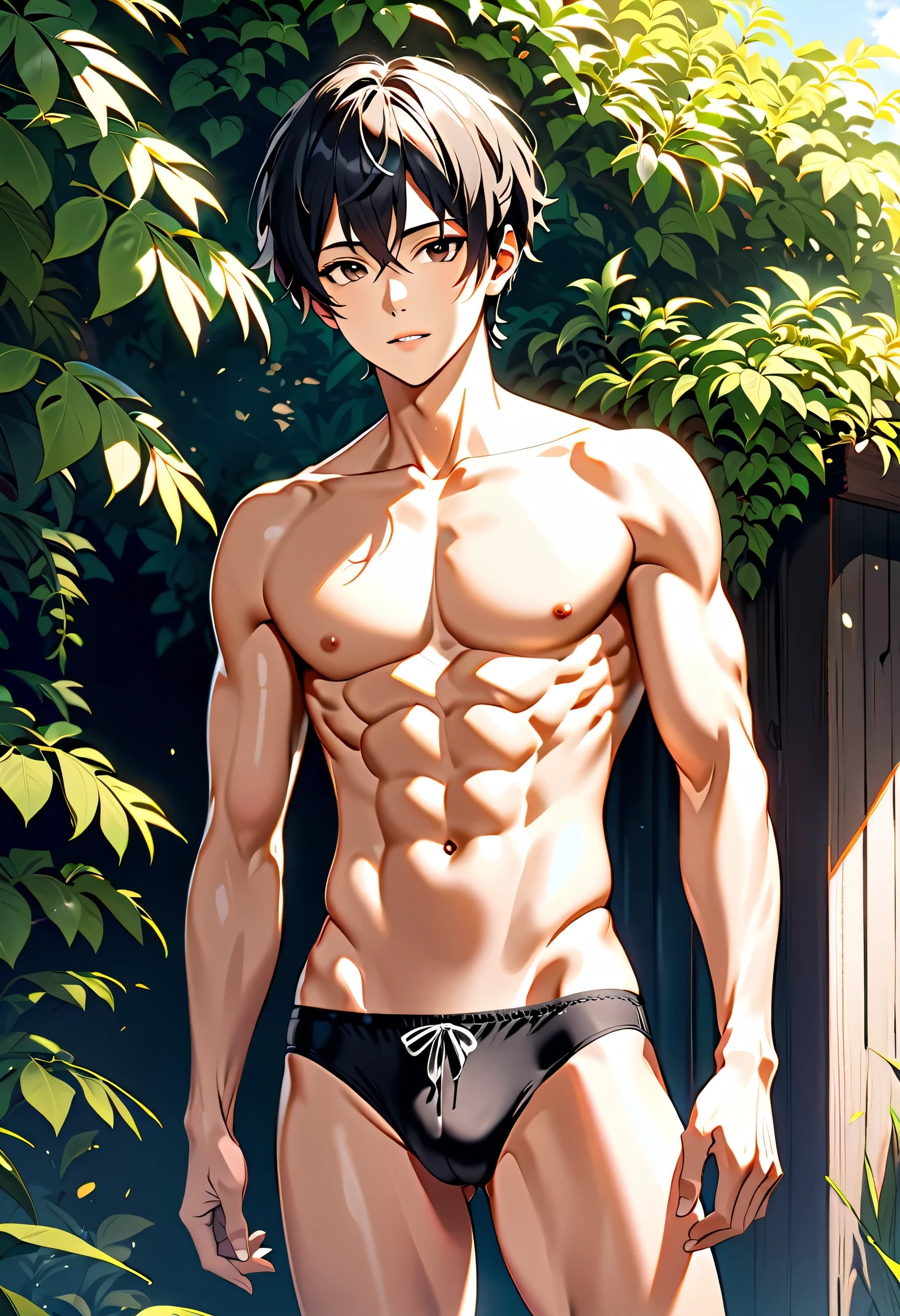 high quality, detailed, Realistic, (one  japanese boy), (detailed black eyes), (abs:1.5), (shiny skin), detailed nipples, black short hair, (black tiny thong), (erected bulge), summer noon, (smile:0.7)