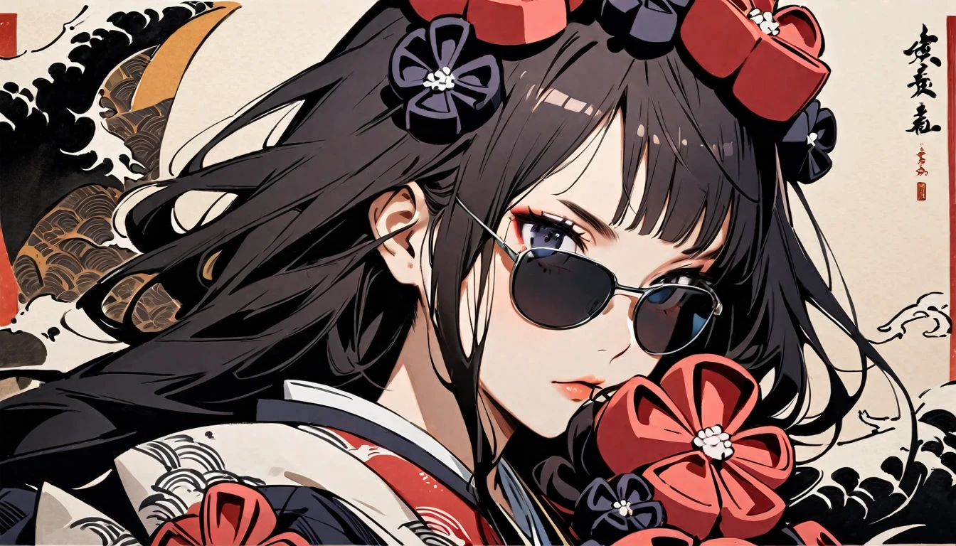 (((Highest quality))), (((Katsushika Hokusai))), (((Ink Painting))), ((very straight longhair)), ((1 girl)), ((sunglasses)), ((beautiful girl)), Japanese style headphones, Black Hair, Delicate and precise, Modern ukiyo-e style, face close up