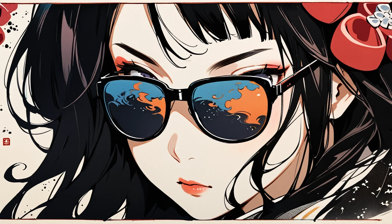 (((Highest quality))), (((Katsushika Hokusai))), (((Ink Painting))), ((very straight longhair)), ((1 girl)), ((sunglasses)), ((beautiful girl)), Japanese style headphones, Black Hair, Delicate and precise, Modern ukiyo-e style, face close up