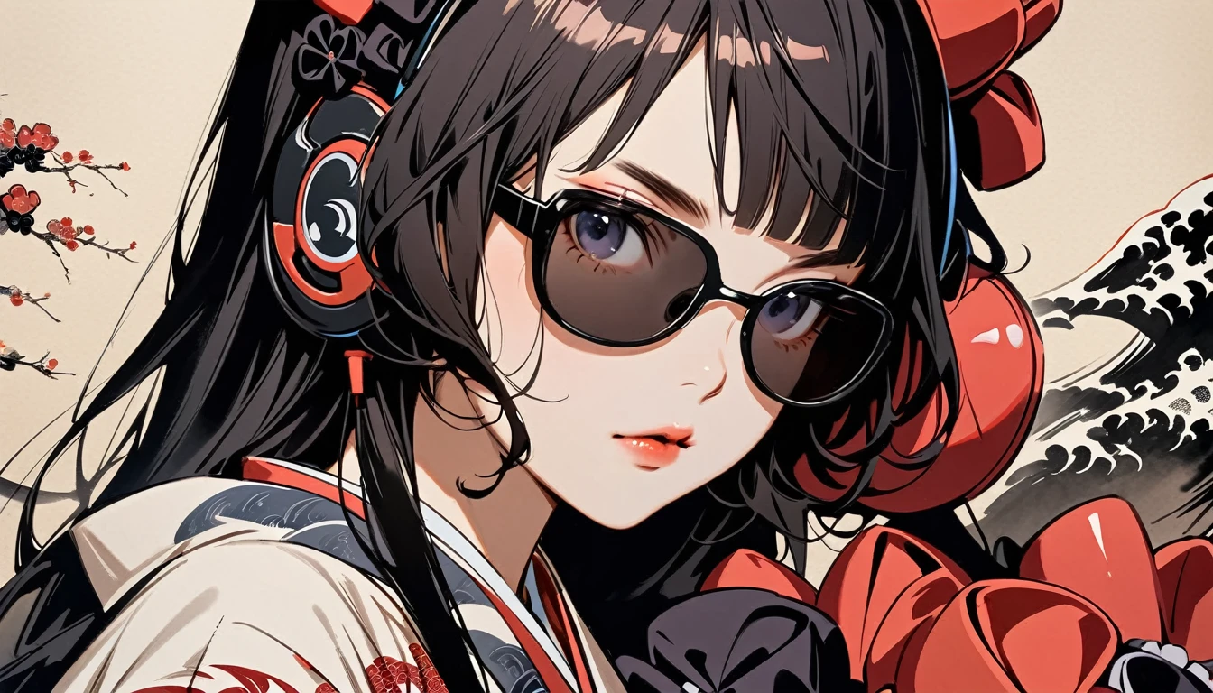 (((Highest quality))), (((Katsushika Hokusai))), (((Ink Painting))), ((very straight longhair)), ((1 girl)), ((sunglasses)), ((beautiful girl)), Japanese style headphones, Black Hair, Delicate and precise, Modern ukiyo-e style, face close up